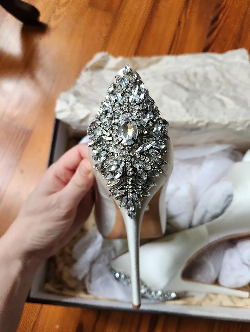 Badgley Mischka Kiara Satin Peep-Toe Heels with Crystal Back Detail